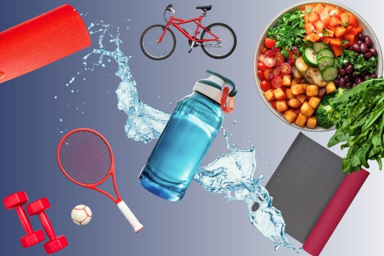 przedmioty sportowe i żywnościowe przedstawiające koncepcję zdrowego stylu życia