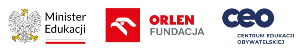 Belka z logotypami w pionie: Minister Edukacji, Fundacja Orlen, Centrum Edukacji Obywatelskiej.